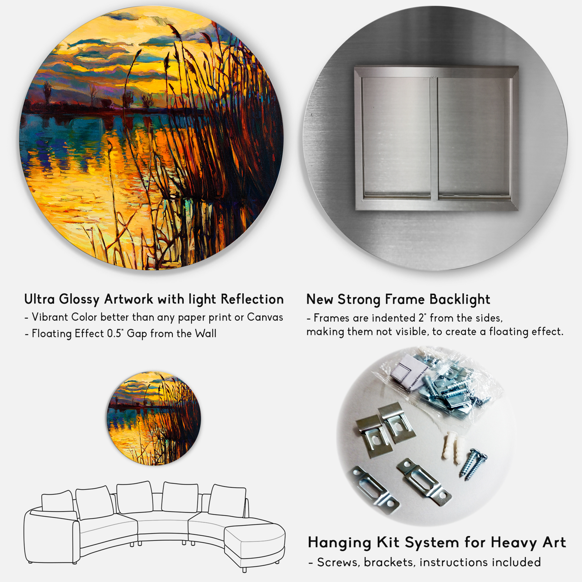 Designart 'Yellow Evening Glow Through The High Grass By The Lake' Nautical & Coastal Circle Metal Wall Art 23x23 - Disc of 23