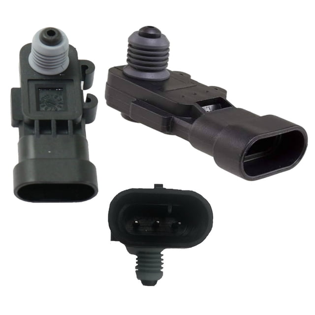 sensor presión intran-flotamex 2007 a 2008 buick v6 3.6l Refacción para sistema mpfi, pieza única con conector hembra de 3 pines, cuerpo plástico negro y montura roscada gris, vista lateral y detalle del conector sobre fondo blanco.