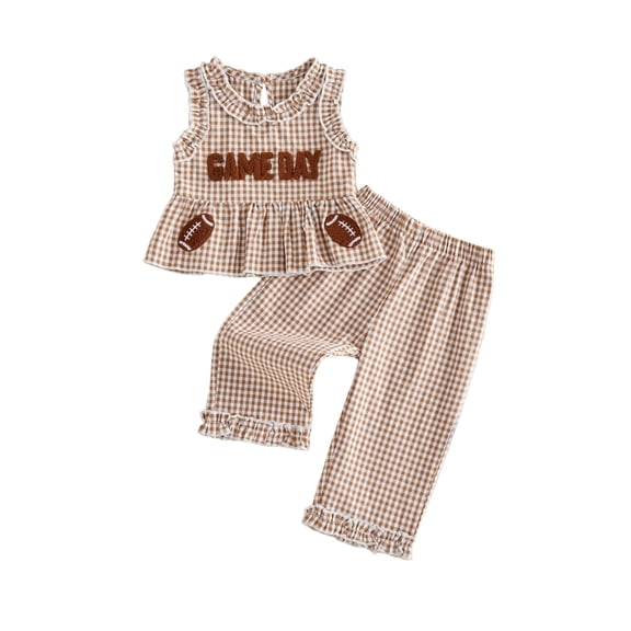 Loicainy Baby Toddler Girls Summer Clothes Set 6 12 18 24 Months 2T 3T 4T Sleeveless Crew Neck Letters Football Embroidery Peplum Tank Tops and Plaid Pants Outfits