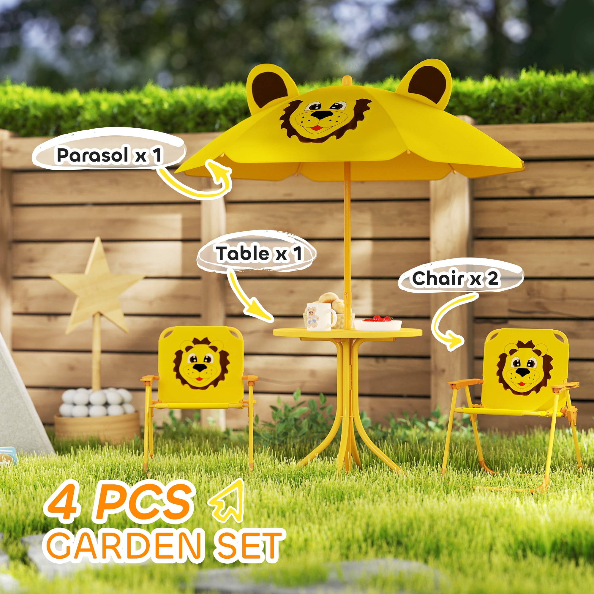 Qaba Kids Picnic Table and Chair Set, Bee Pattern Outdoor Activity Table with Foldable Chairs, Height Adjustable Umbrella for Backyard, Garden, Yellow
