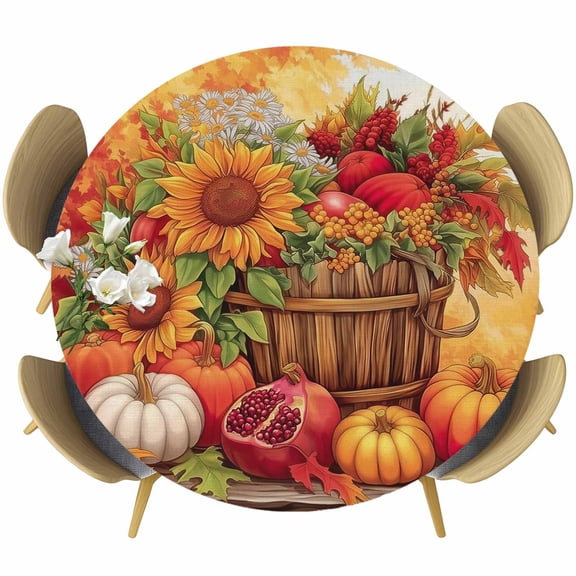 Orange Pumpkins Fall Fitted Tablecloth with Elastic Edged, Round Table Cloth for Dining Table, Thanksgiving Sunflower Botanical Waterproof Oil Proof Table Cover for Indoor Outdoor 36"-44"