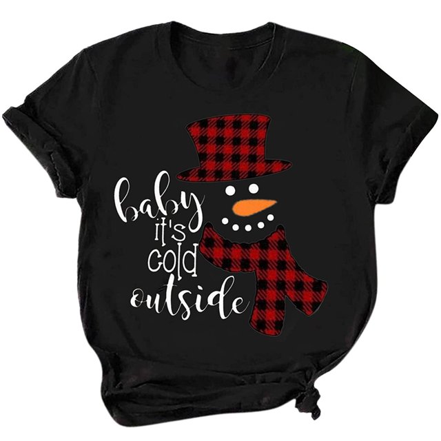 Camisas Navideñas Para Mujer Moda Casual Impresión Cuello Redondo Suelto Manga Corta Suéter Tops Odeerbi ODB205303