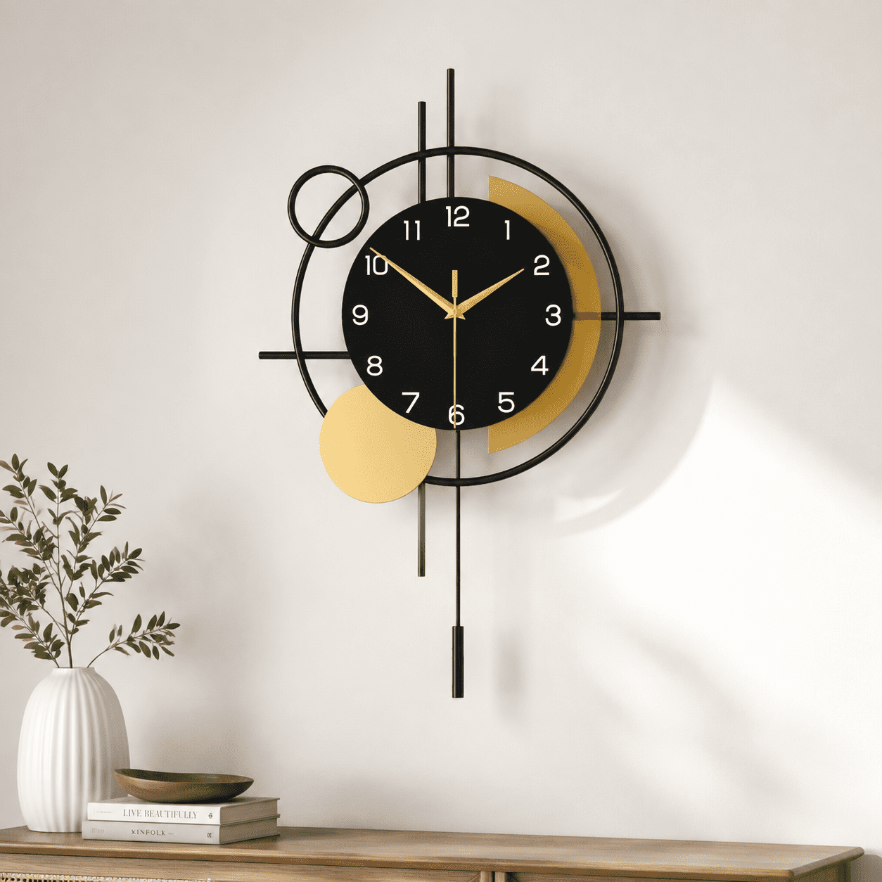 Black 13x21 in Modern Pendulum Silent Wall Clock for Living Room Decor