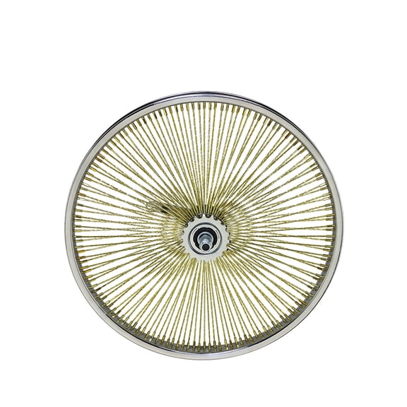 Bike 20 Inch x 32mm Steel Coaster Twisted Wheel 144 Spoke 14G Yellow-Gold 3/8 Axle Single Wall Chrome/Yellow-Gold.