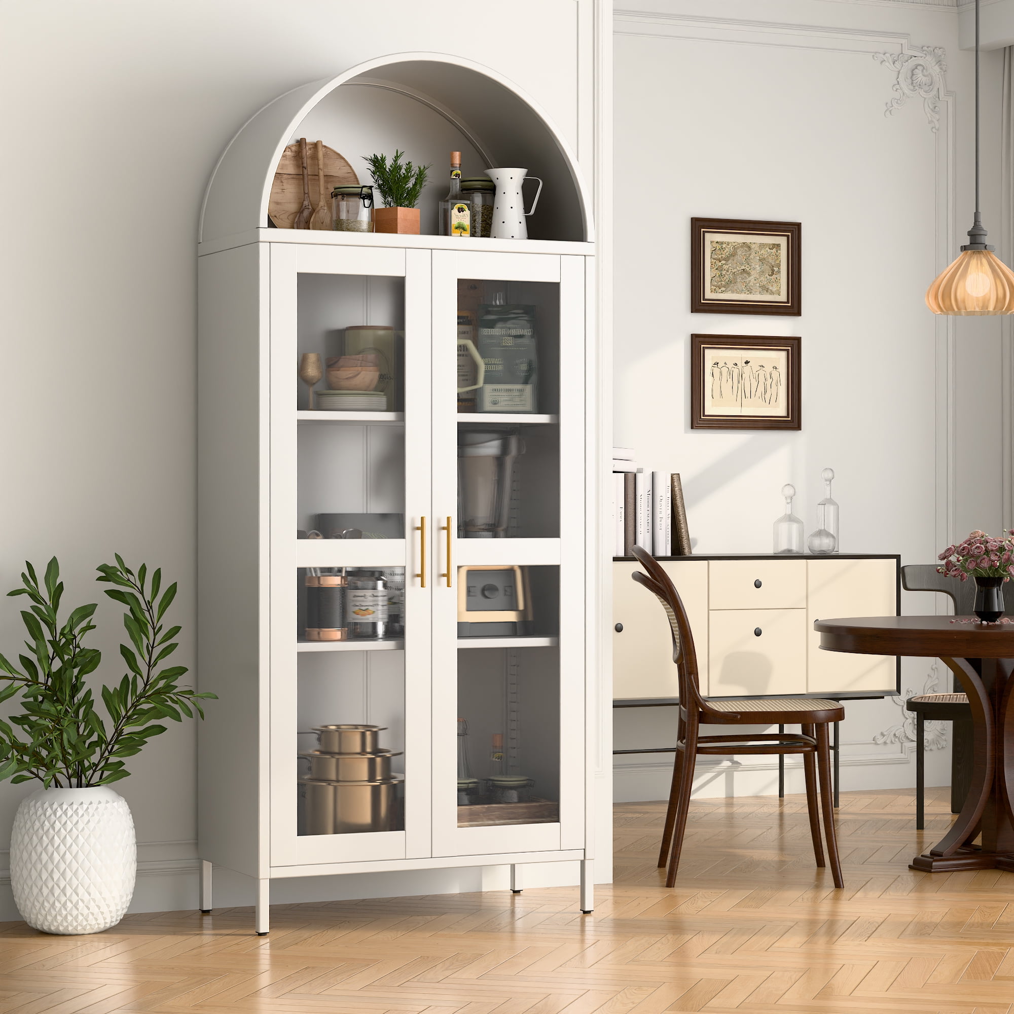 GangMei 73" Tall Metal Arched Cabinet, Kitchen Pantry Cabinet with Glass Door, Modern Farmhouse Display Cabinet with 2 Adjustable Shelves for Dining Room and Living Room, White, Assembly Required