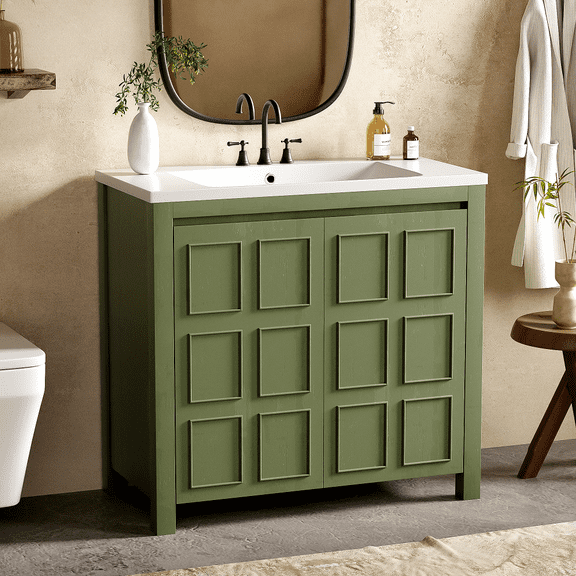 KYLE & KAY 36" Bathroom Vanity with Ceramic Sink, Bathroom Vanities Cabinet with Soft-Close Cabinet, Vanity Sink with Adjustable Shelves, Olive Green