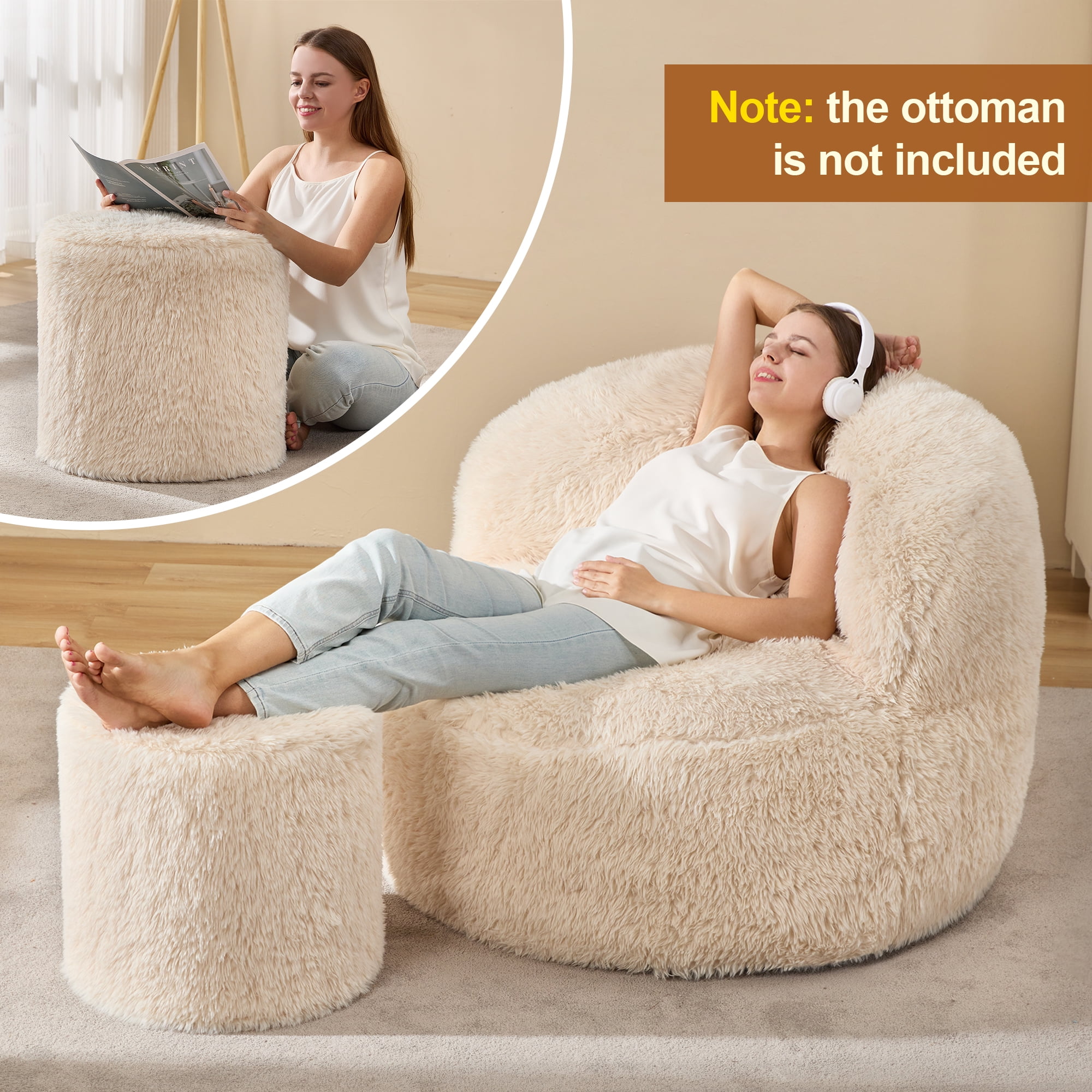 Hobestluk Giant Bean Bag Chairs for Adults Big Bean Bag Chair with Foam Filler Large Beanbags with Stuffed Back Lazy Sofa, White-Oversize