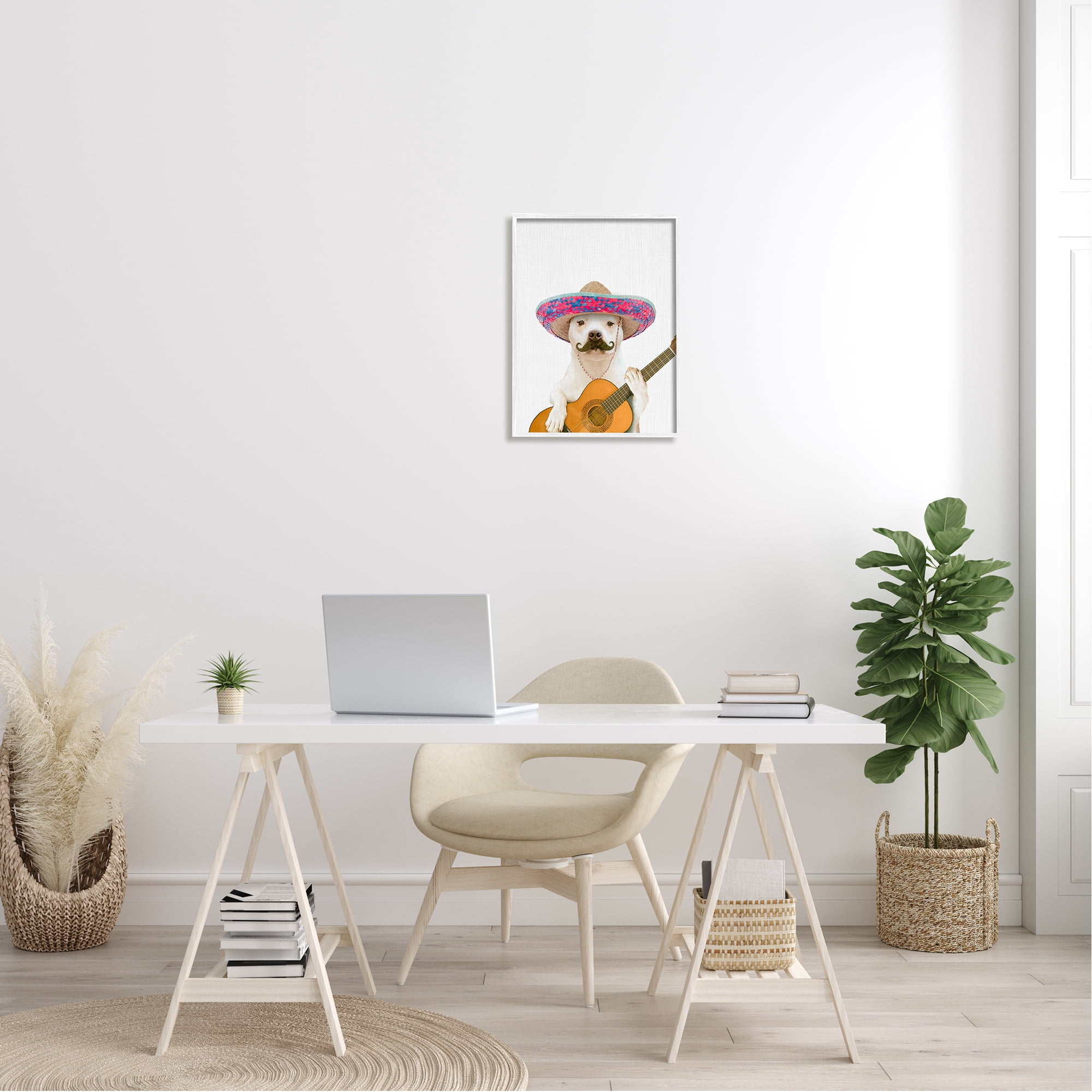 Stupell Industries White Pit Bull Dog Playing Guitar Mustache Sombrero Framed Wall Art, 16 x 20, Design by Tai Prints