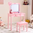 thumbnail image 2 of Kids Vanity Set with Mirror, Cow Pattern Kids Table and Chairs with Three-Color Adjustable LED, Girls Vanity for Toddler 3-6 Years, Sweet Pink, 2 of 9