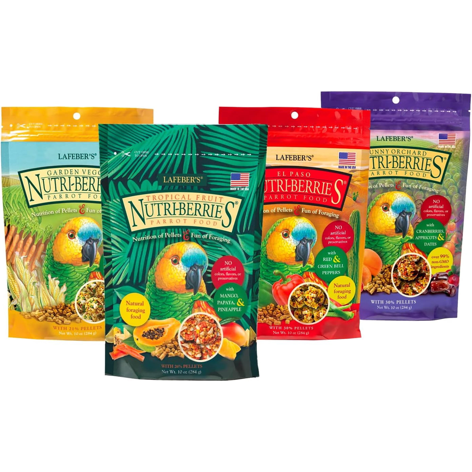LAFEBER'S Gourmet Nutri-Berries Pet Bird Food Variety Sampler Bundles, Made with Non-GMO and Human-Grade Ingredients, for Parrots, 10 oz. Each (4 Pk Bundle)