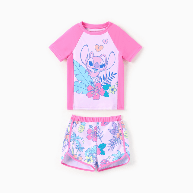 Disney Stitch Kid Girl 2pcs Character Tropical Floral Colorblock Print Short-sleeve Tops and Trunks UPF 50+ Swimsuit Set