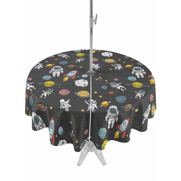 Outdoor Tablecloth with Umbrella Hole for Patio/Picnic/Party/Camping, Grey Space Waterproof Table Cloth Round Cover Washable, Cartoon Cute Spaceship Planet Star Funny (Dia 54")