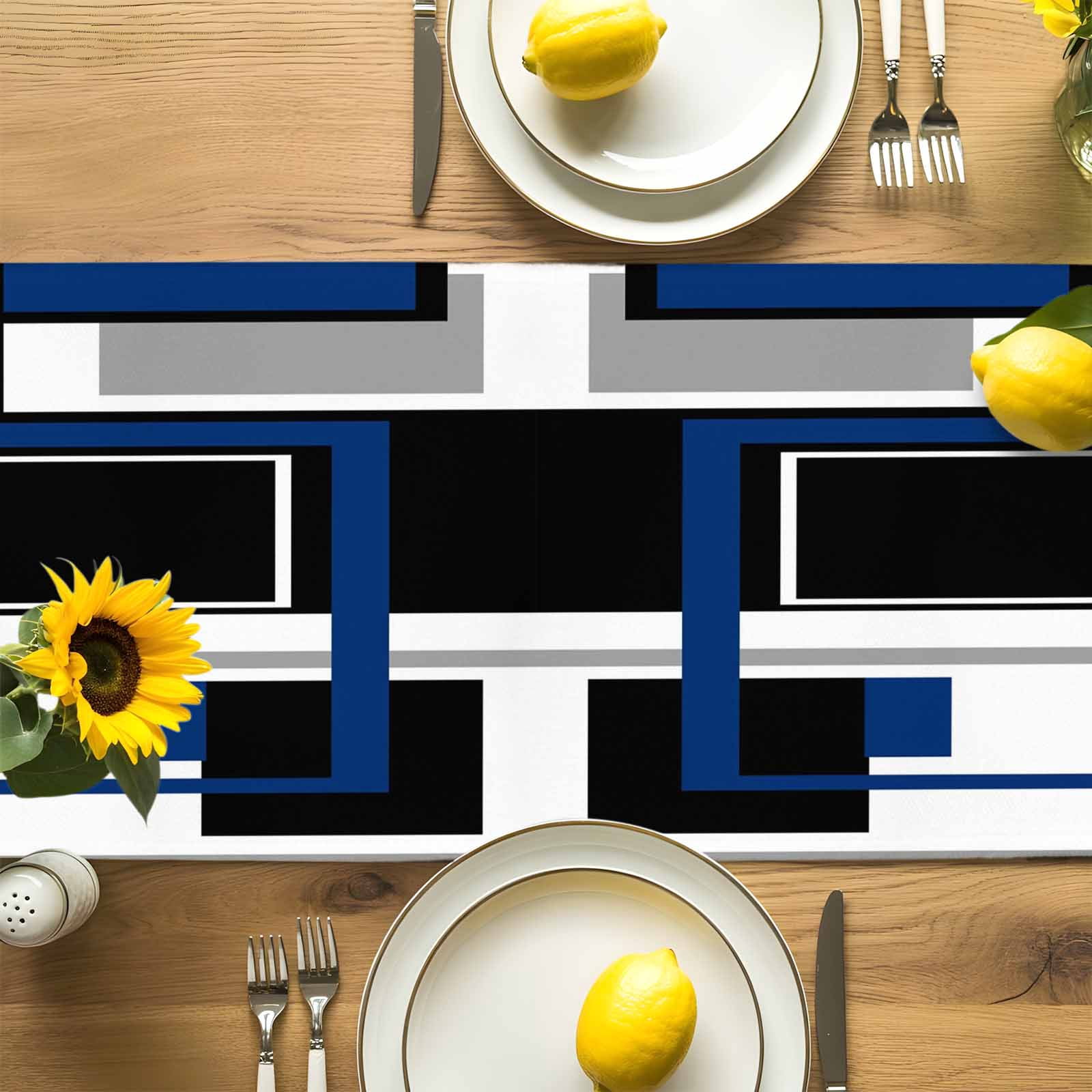 Abstract Geometric Navy Blue Color Block Table Runner 90 Inches Long, Gray Stripe Modern Art Table Runners Tabletop Scarf Kitchen Dining Tables Decoration for Home Party Indoor Outdoor