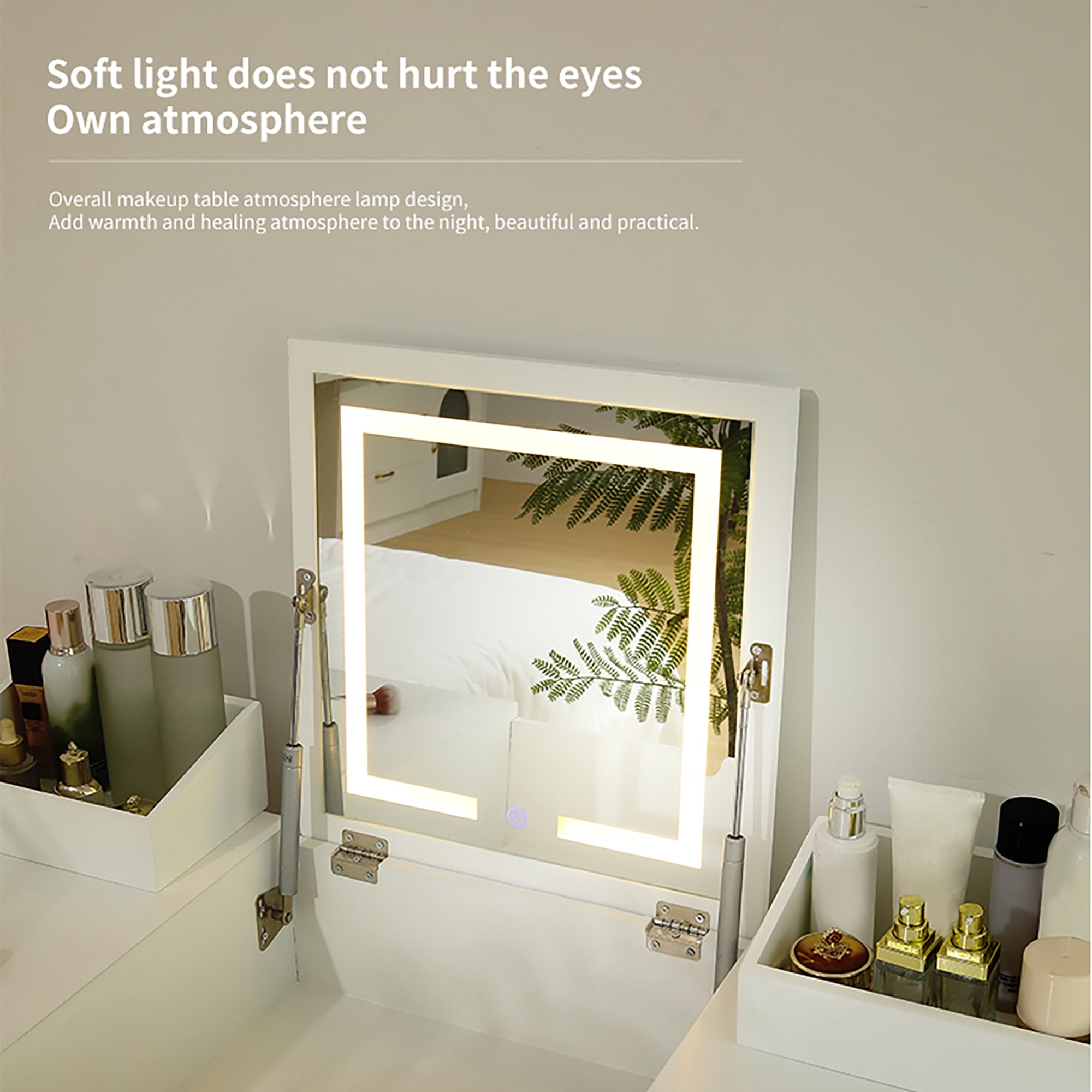 Vanity Desk Set with LED Lighted Mirror Power Outlet, Flip Top Makeup Vanity Table with Drawers Cabinet, for Bedroom, Bathroom
