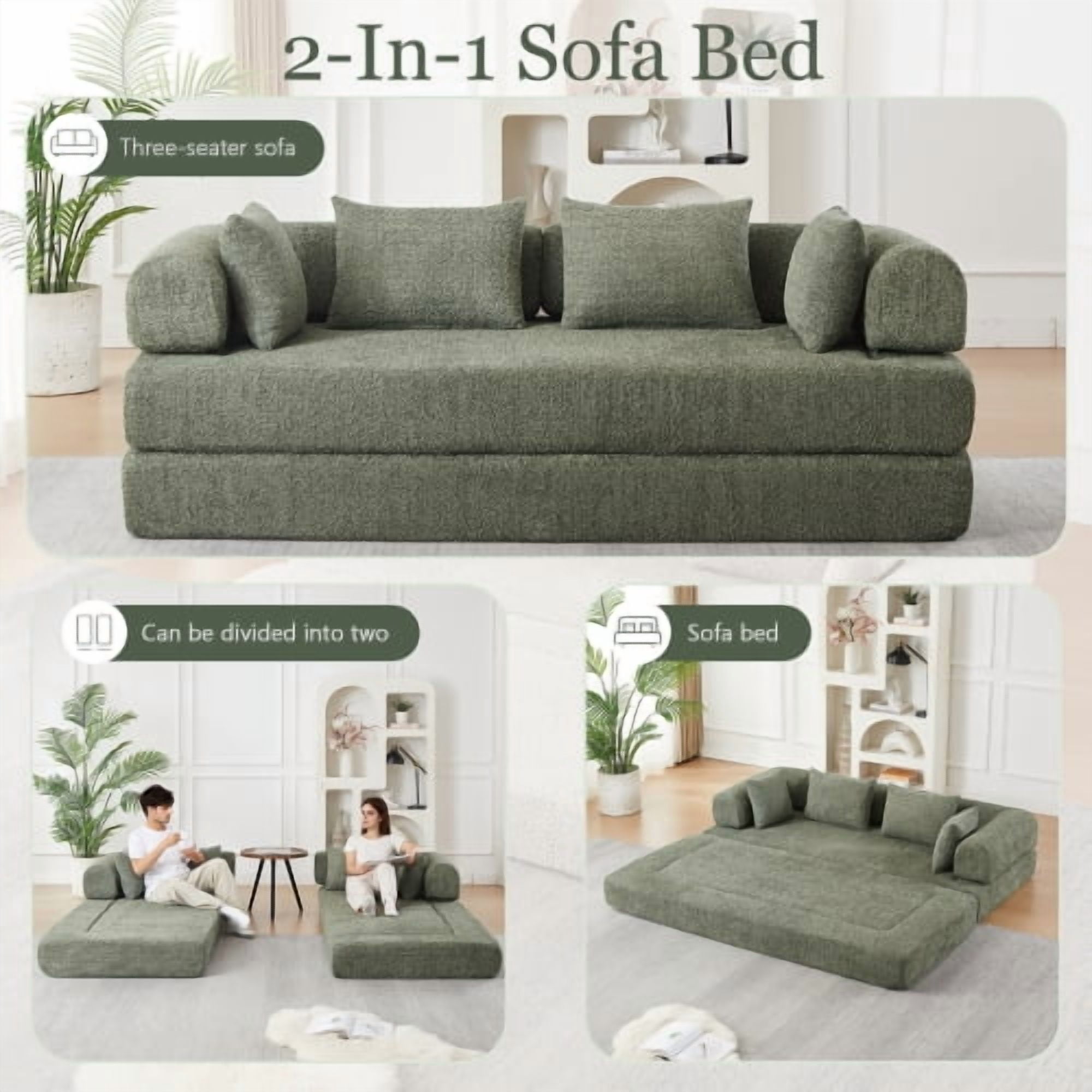 78.9-Inch Convertible Sleeper Sofa, Stain-Resistant Chenille Folding Mattress, DIY Modular Floor Lounge with Removable Armrests, Green