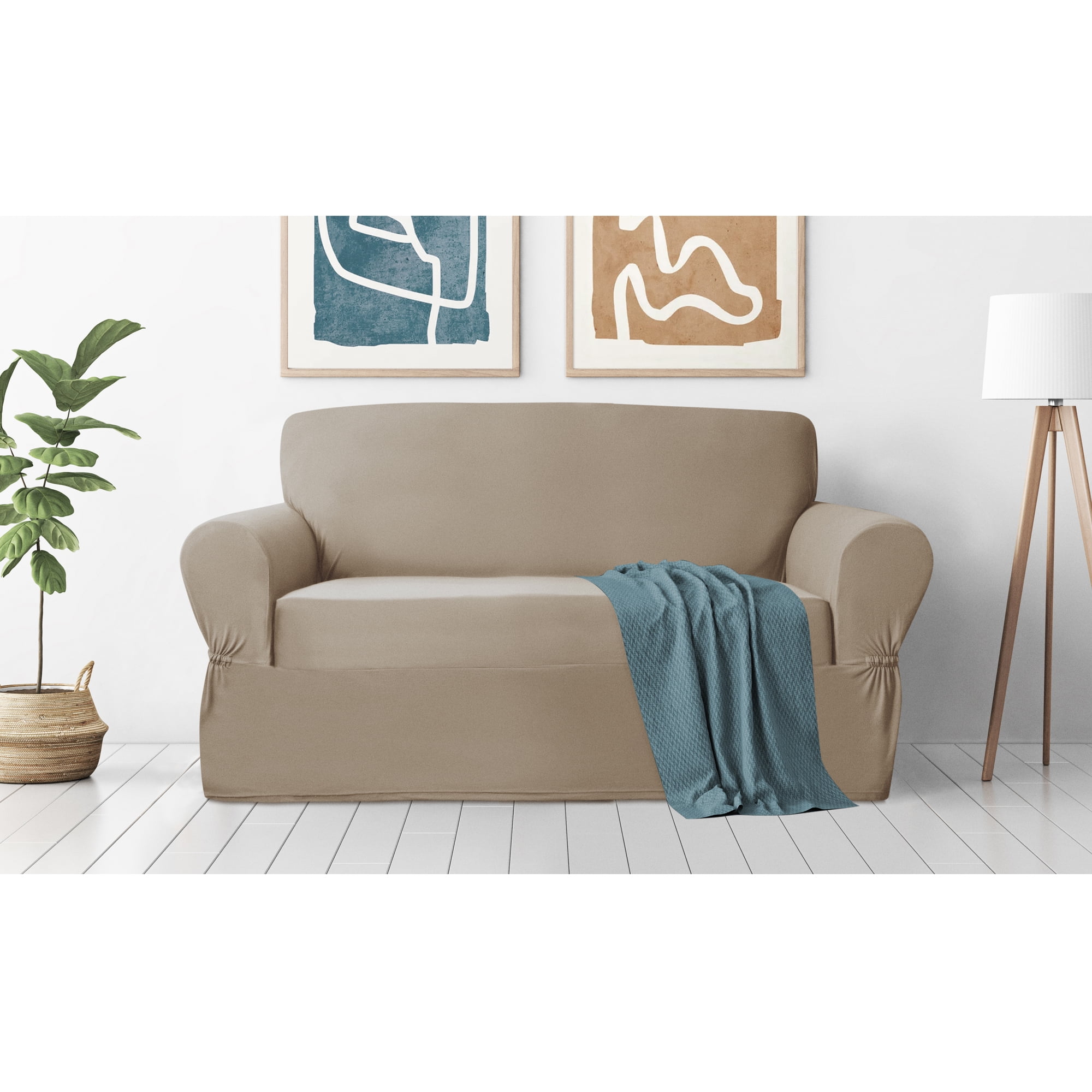 Zenna Home Furniture Cover Stretch Plush 1Piece Loveseat Slipcover, Tan
