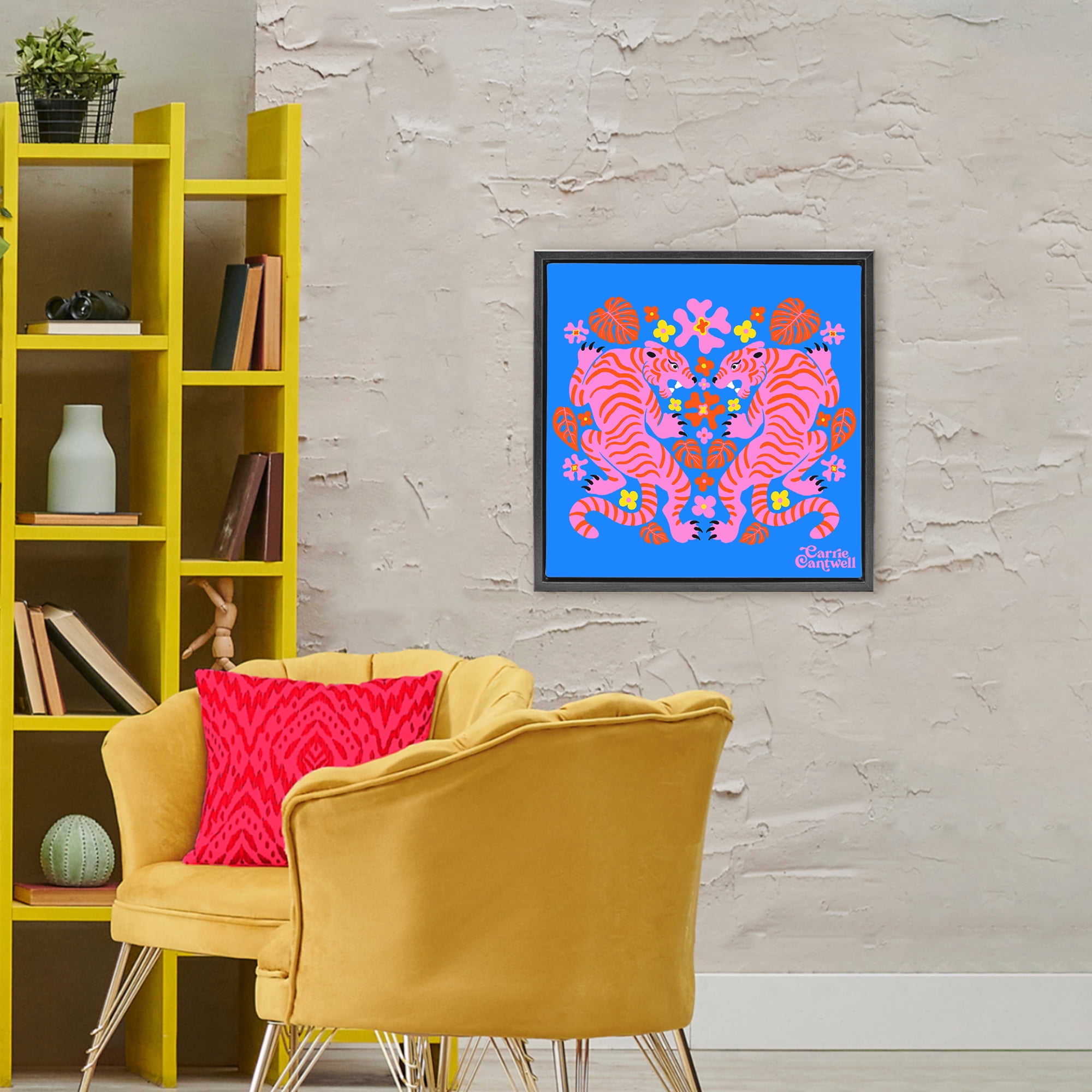 Stupell Industries Pink Tigers and Monstera Black Framed Floater Canvas Wall Art, design by Carrie Cantwell