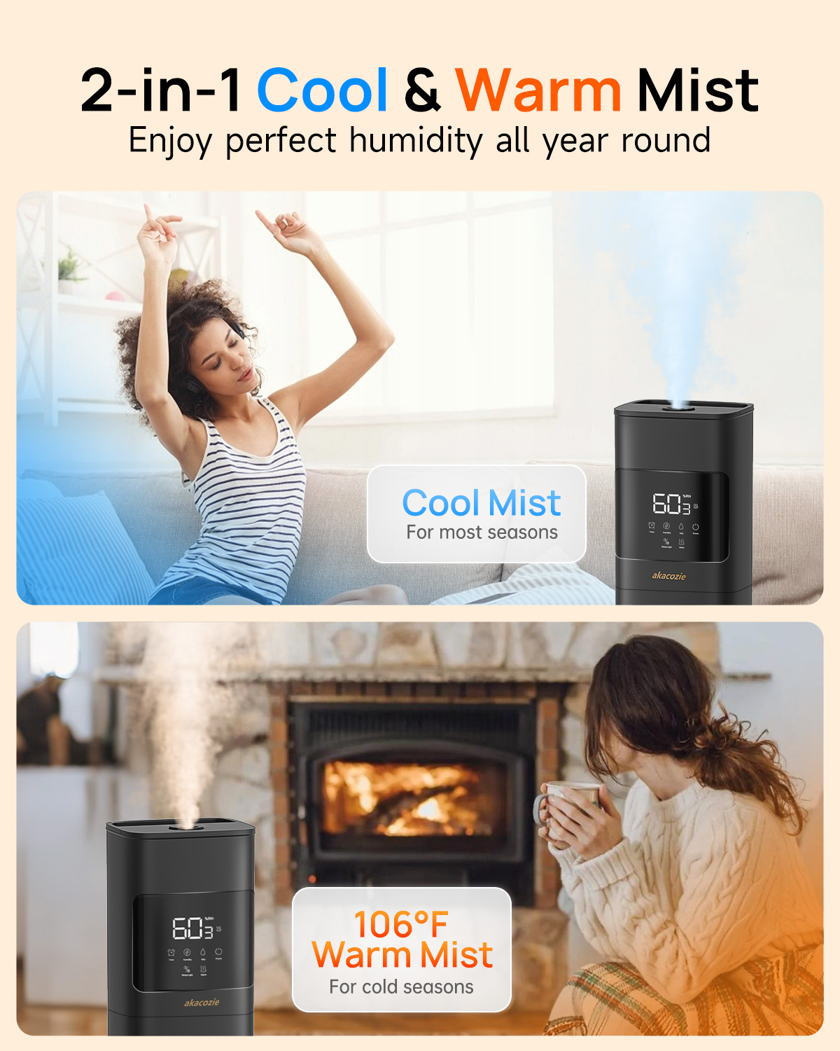Warm Mist Humidifier, 2.1 Gallon/8 Liter Cool & Warm Mist Humidifier for Room Home, 500 Sq Ft Large Room Humidifier, Black