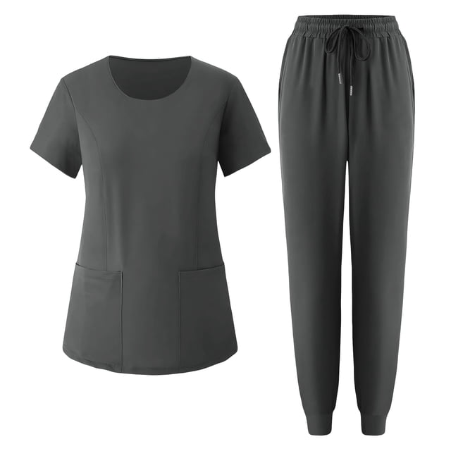 Dazajoo Two Piece Nurse Uniform Sets for Women Crew Neck Short Sleeve Tops Matching Drawstring Jogger Pants with Pockets,Grey,L