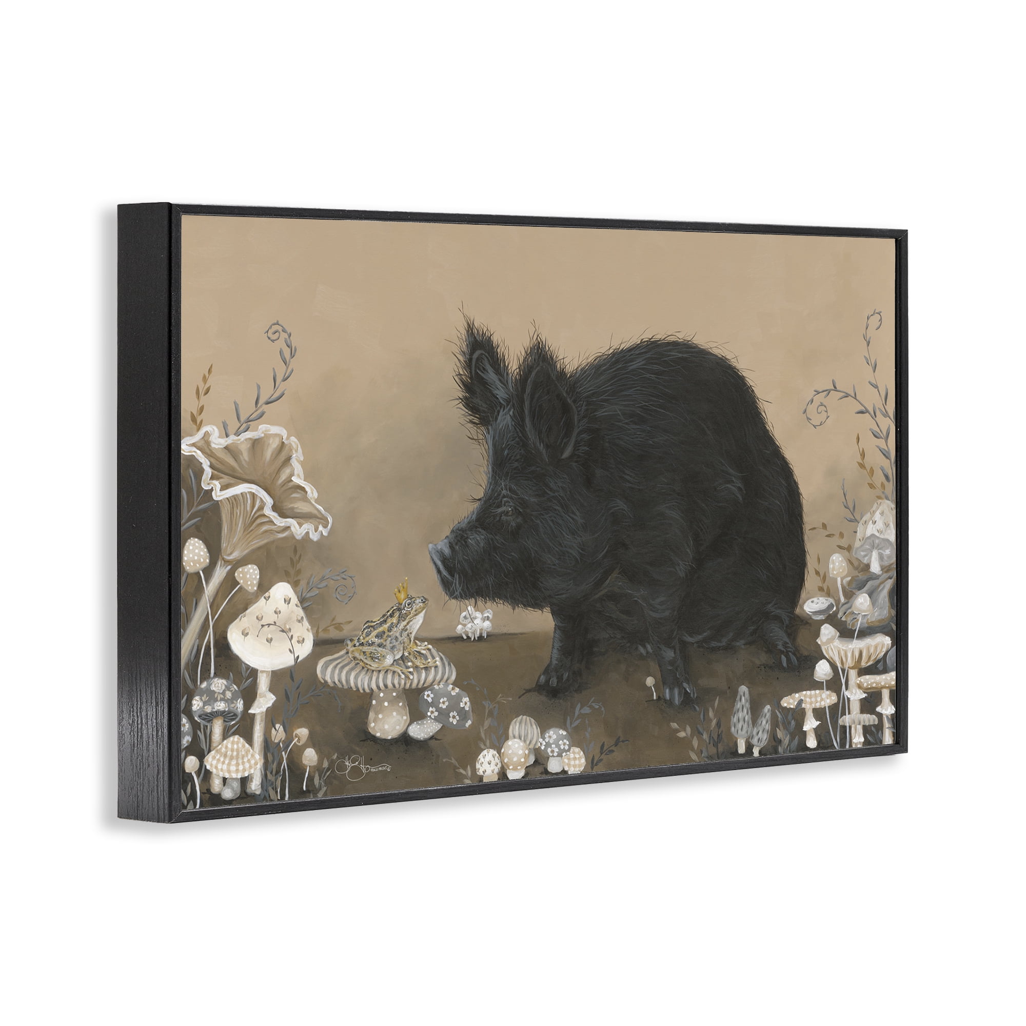 Stupell Industries Hog & Frog with Mushrooms Animals & Insects Painting Black Framed Art Print Wall Art, 18 x 12