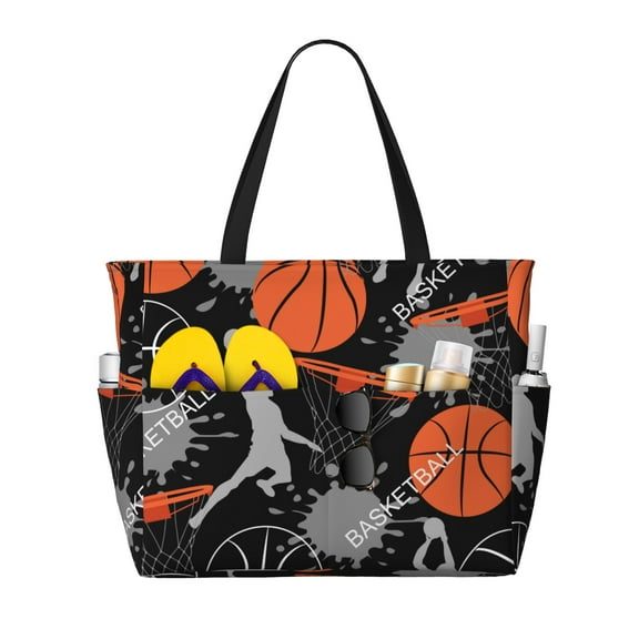 PAYOHTO Basketball Game Pattern Large Beach Tote Bags for Womens Mens Sandproof Swim Pool Bag with Zipper for Travel Vacation