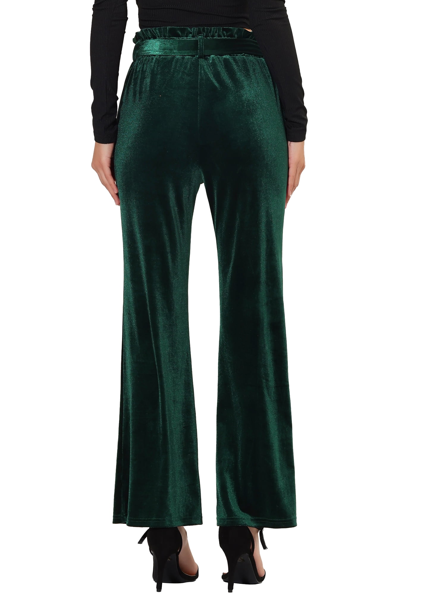 DARING DIVA Women's Velvet Tie Waist Wide Leg Stretchy Pants Trousers XS Dark Green