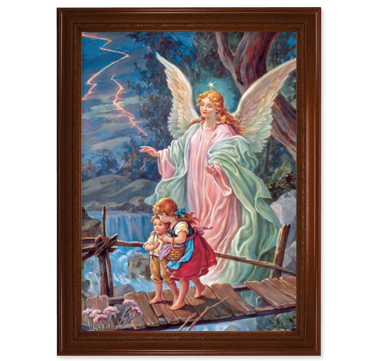 Guardian Angel Picture Framed Wall Art Decor Extra Large, Natural Walnut Finished Frame with