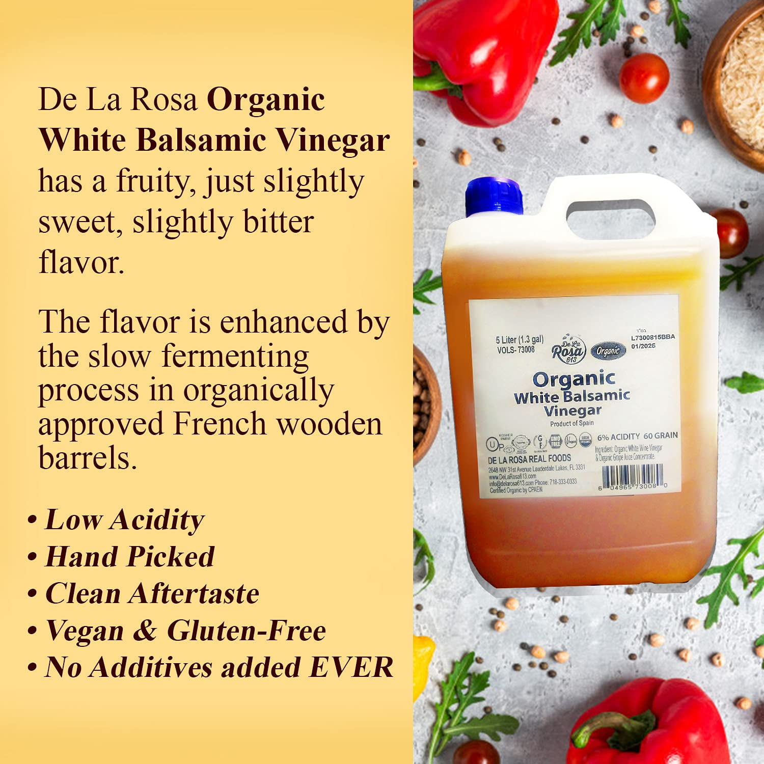 De La Rosa 613 Organic White Balsamic Vinegar, Vegan, 5 Liters