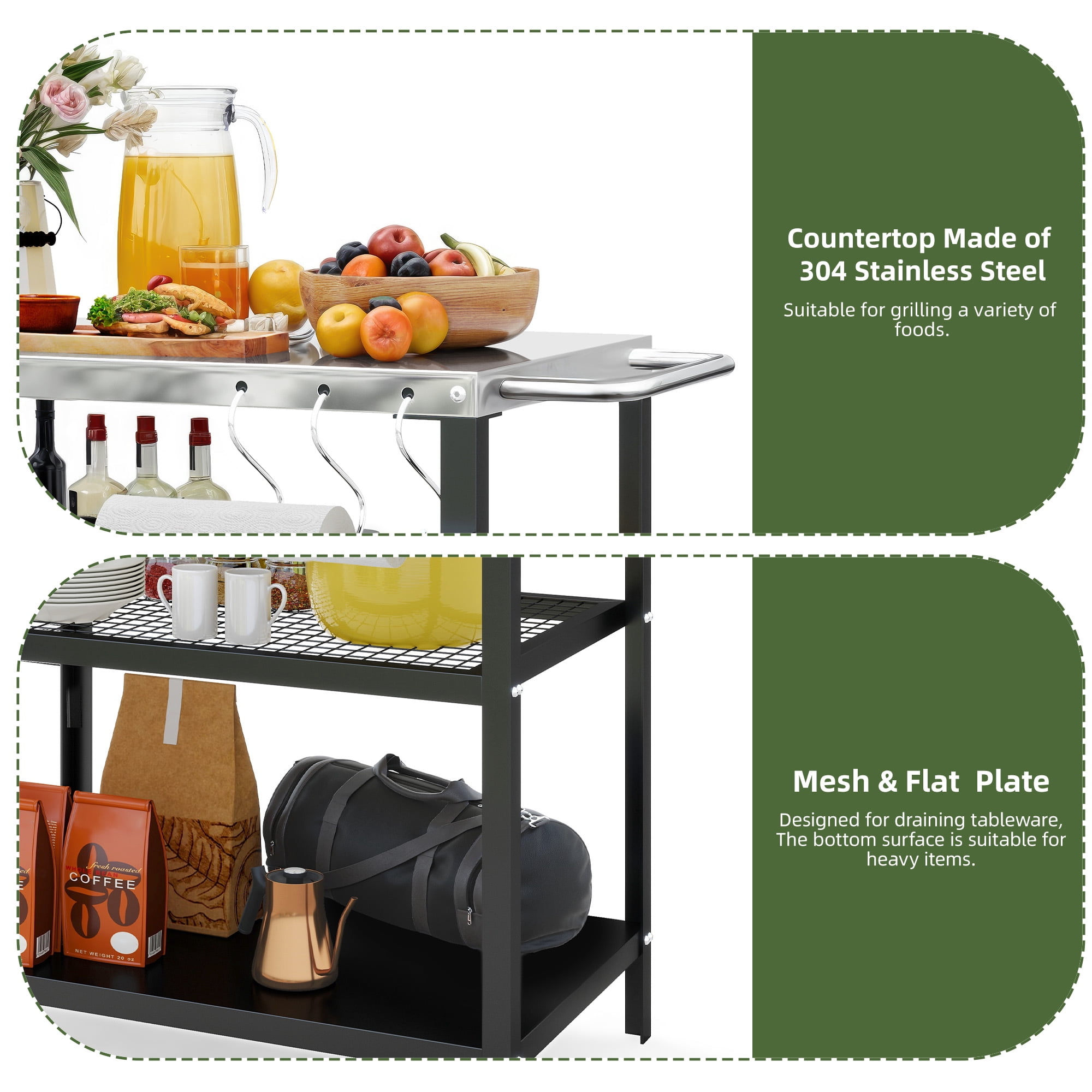 Uforic Rolling Outdoor Grill Table with Wheels, 3 Shelf Pizza Oven Cart, Outside Food Prep Stand