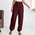 thumbnail image 3 of Casual Pants for Women 2026 Spring Fall Cotton Linen Elastic High Waist Drawstring Straight Leg Pants with Pockets, 3 of 5