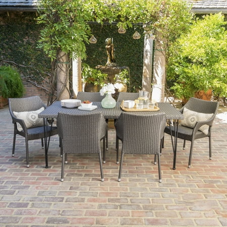 Rectangular Wicker - Stuart Outdoor 7 Piece Wicker Rectangular Dining Set with Stacking Chairs, Grey