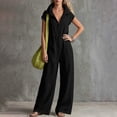 thumbnail image 6 of Women's Lightweight Stand Collar Zip Up Jumpsuits Short Sleeve Baggy Wide Leg Palazzo Rompers with Pockets Daily Casual Overalls Black, 6 of 6