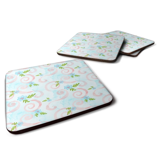 Watercolor Blue Flowers and Swirls Foam Coaster Set of 4