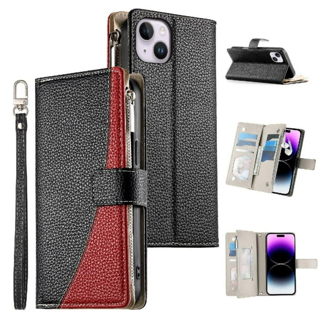 Funda cartera GANGXUN para iPhone 14 Plus , cuero PU con tarjetero, cremallera, correa de mano, soporte y protección 673°