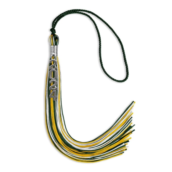 Endea Graduation Hunter Green/Gold/White Mixed Color Graduation Tassel with Silver Stacked Date Drop