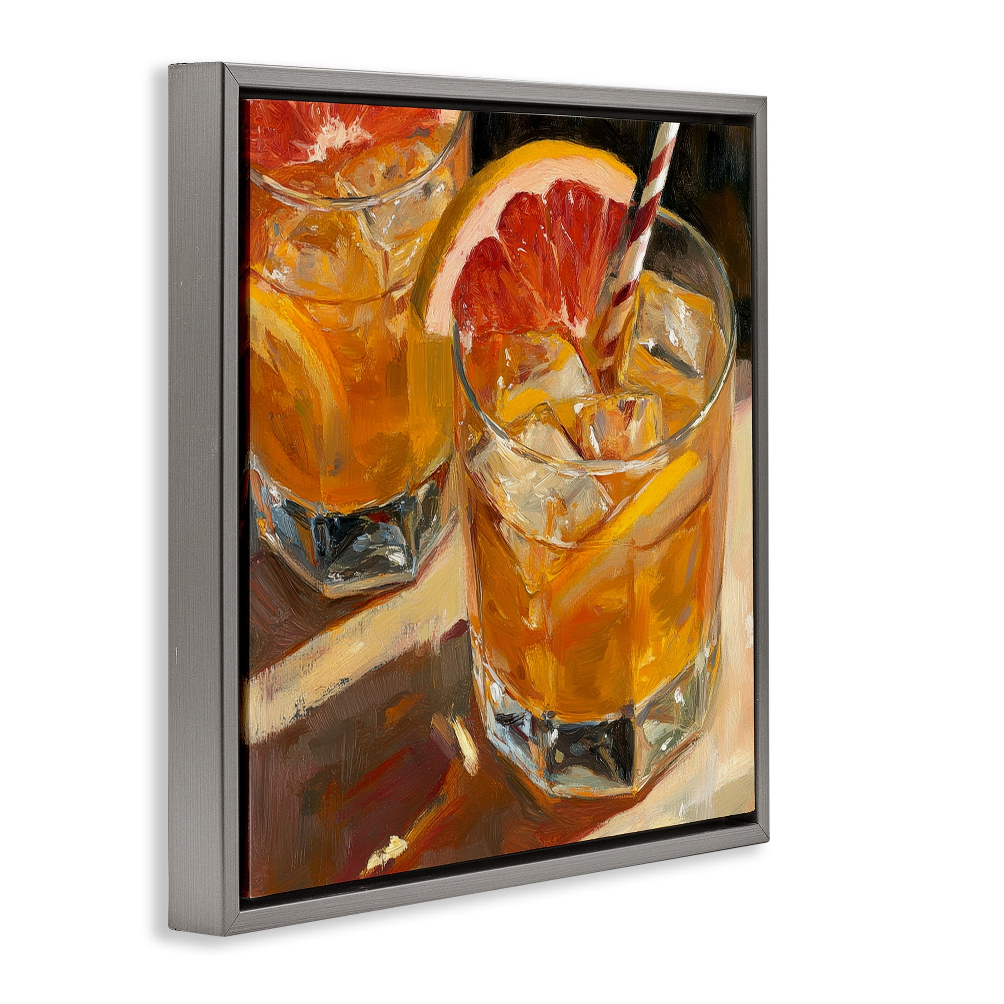Stupell Industries Grapefruit Cocktail with Ice Cubes Gray Framed Floater Canvas Wall Art, design by Petal Prints Design