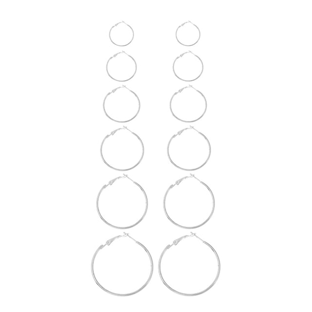 6 par/set de pendientes de aro grandes a la moda para mujer, aretes circulares de aleación de bucle grande (plata)