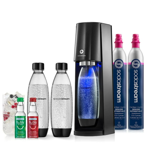 Paquete para hacer agua con gas SodaStream E-TERRA (negro), con CO2, botellas carbonatadas y sabores de gotas burbujeantes