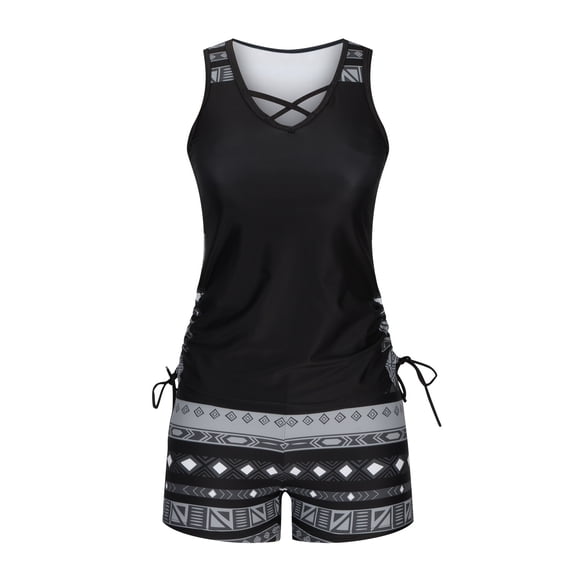 longantii Women’s Tummy Control Tankini Set with Built-in Bra, Two Piece Swimsuit with Shorts Black L
