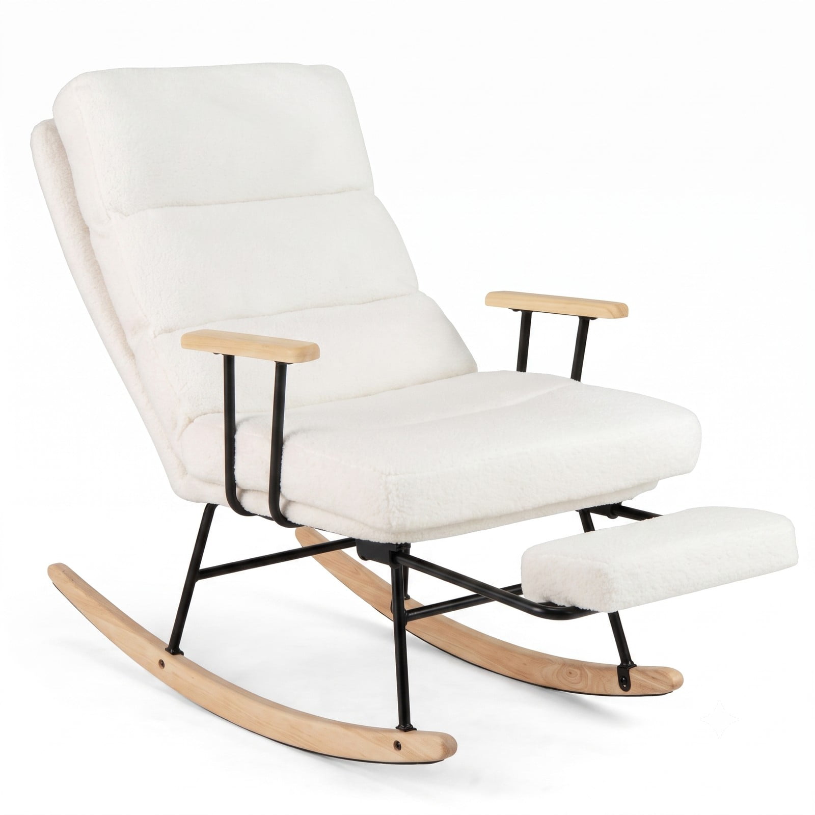 Furnibear Nursery Glider Rocking Chair, Teddy Velvet Upholstered Rocker Recliner with 5-Level Adjustable Backrest, Retractable Footrest & Rubber Wood Feet for, White