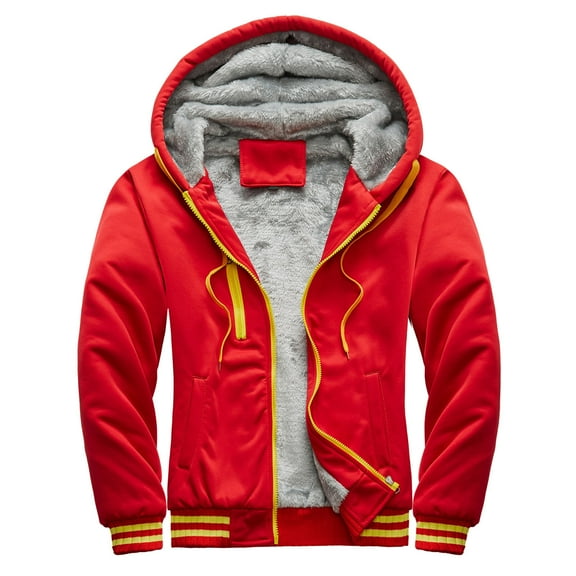 VSSSJ Men's Winter Coat with Hooded Fitted Solid Patchwork Long Sleeve Zip Up Jacket Comfy Warm Windproof Baseball Coats Red XL