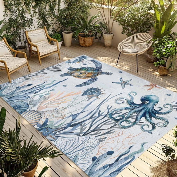 Blue Turtle Coastal Outdoor Rug for Patio/Deck/Porch, Non-Slip Large Area Rug 4 x 6 Ft, Octopus Summer Beach Coral Starfish Seahorse Indoor Outdoor Rugs Washable Area Rugs, Camping Rug Carpet Runner