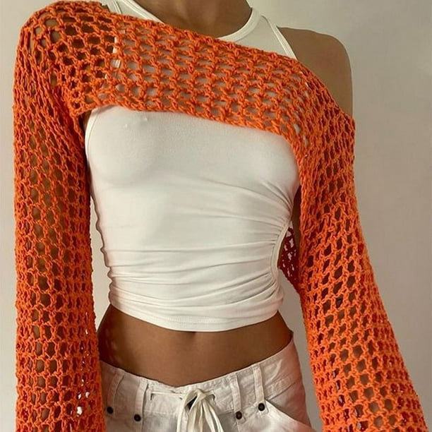 Summer Green Long Sleeve Smock Knitted Crop Top Women Y2k Beach Sexy  Backless Hollow Out T Shirts Party Casual - Orange / L 