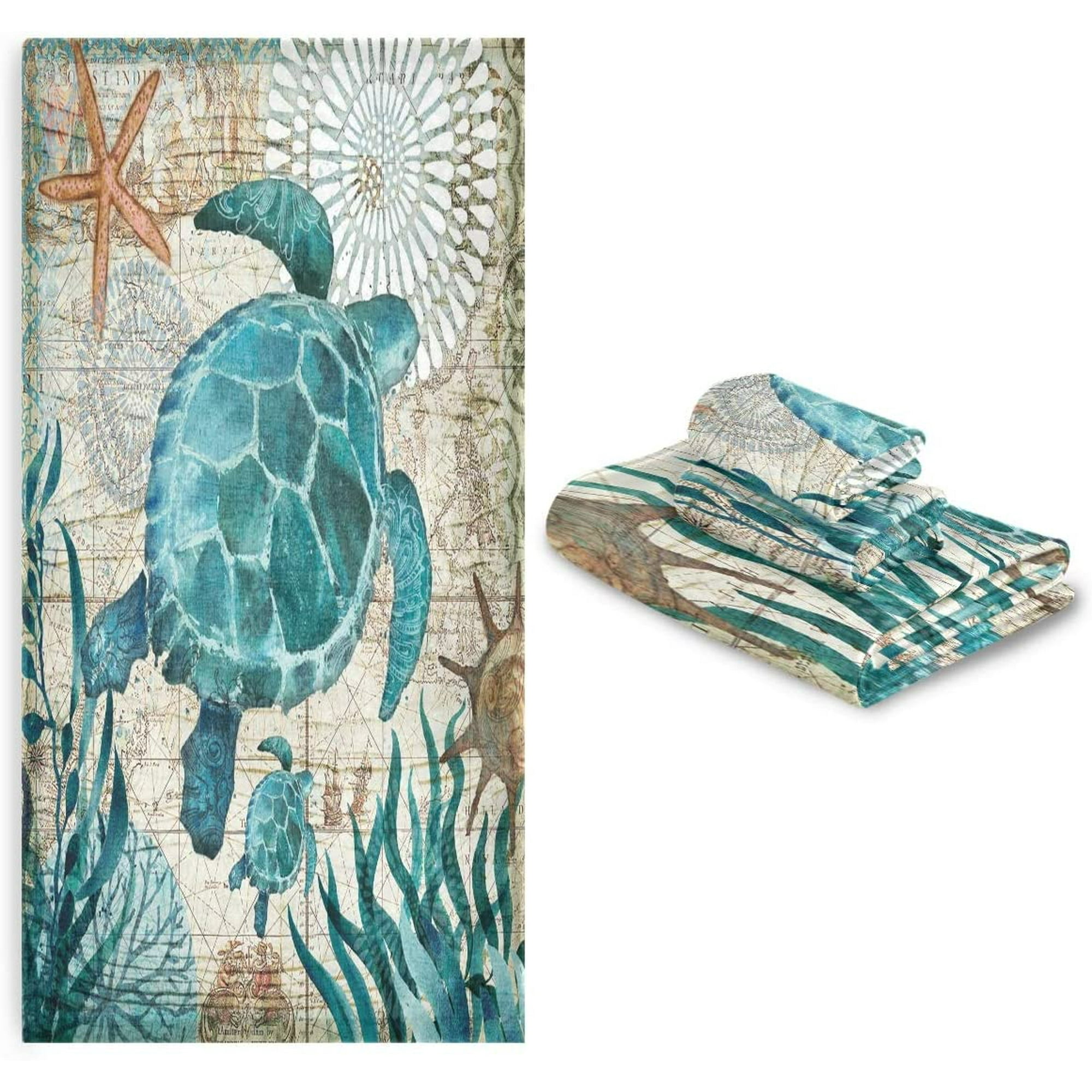 Vintage Ocean Turtle Towels Set of 3 Sea Starfish World Map Hand