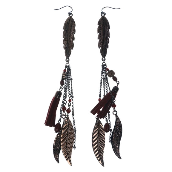 Bronze-Tone Dangle Earrings Feather Shaped & Tassel Faceted Accents TME821