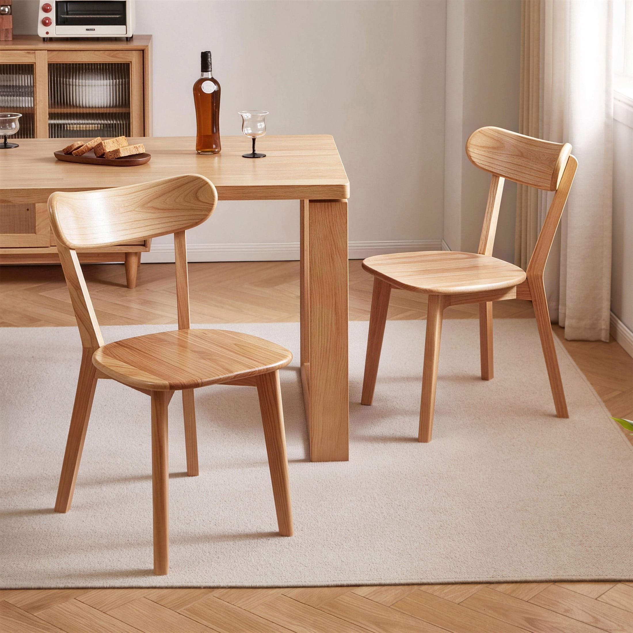 Noble House Set of 2 Solid Rubberwood Dining Chairs, Curved Backrest, Natural
