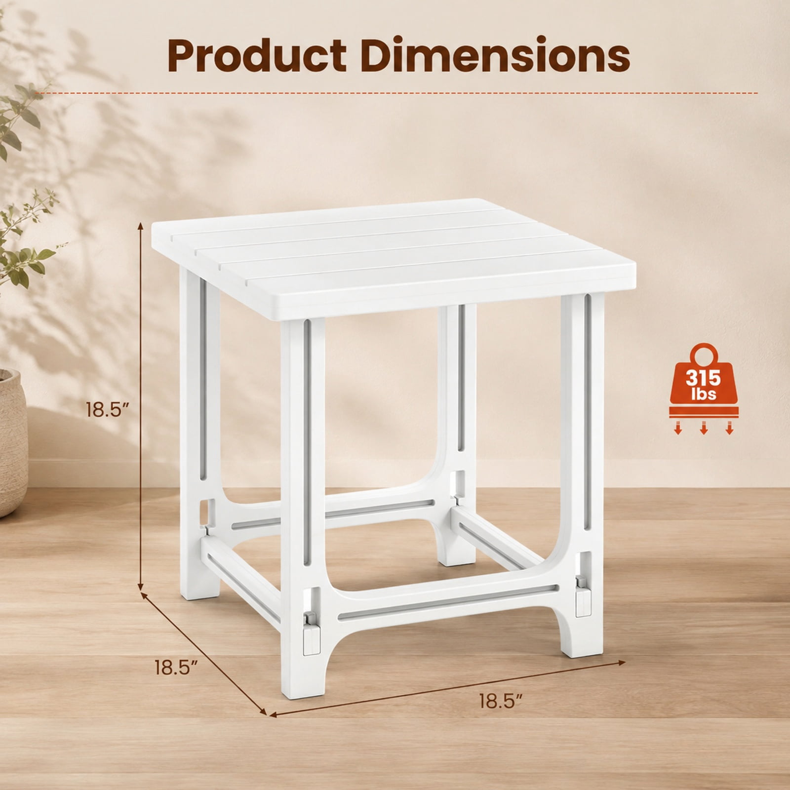 Biotree 18 Inch Adirondack Side Table Outdoor, All-Weather HDPE Patio End Table with Slatted Top and 315 lbs Capacity for Poolside Deck, White