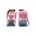 thumbnail image 3 of Women'S Square Neck Long Sleeve Ribbed Rhinestones Slim Fitted Casual Basic Crop Top Pink XL, 3 of 7
