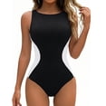 thumbnail image 2 of Women One Piece Tummy Control Swimsuit Ribbed Color Block Bathing Suits Backless High Neck Swim Suit Black 2XL, 2 of 6