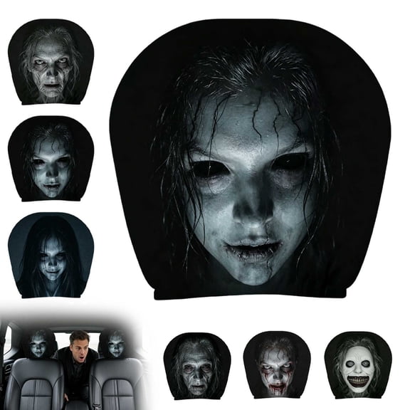 2 Pack Halloween Creepy Ghost Woman Face Car Headrest Covers Horror Scary Spirit Head Rest Protector Covers Auto Interior Prank Decor For Car SUV Truck